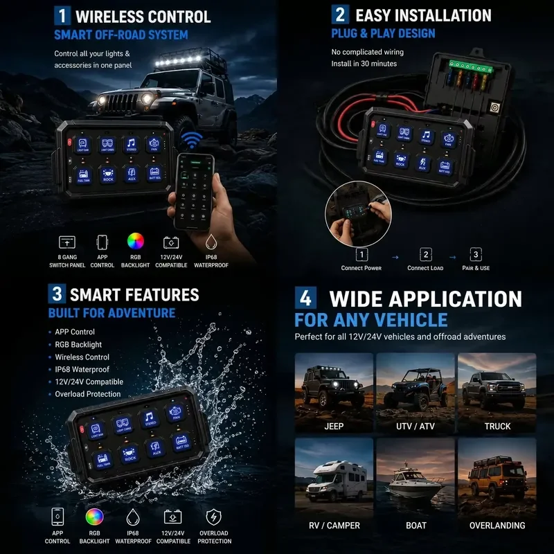 Wireless 8 Position Switch Panel for Jeep UTV Trucks with RGB Backlight 12V 24V Intelligent Control System with APP