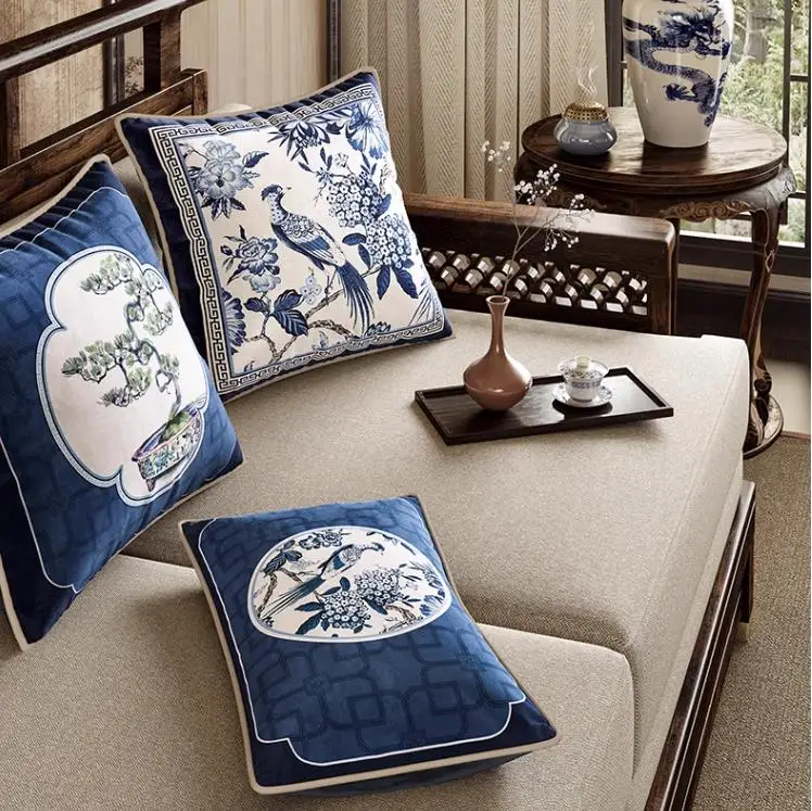 

classical Chinese style blue and white porcelain printed cushion cover velvet pillow case sofa waist pillow cover