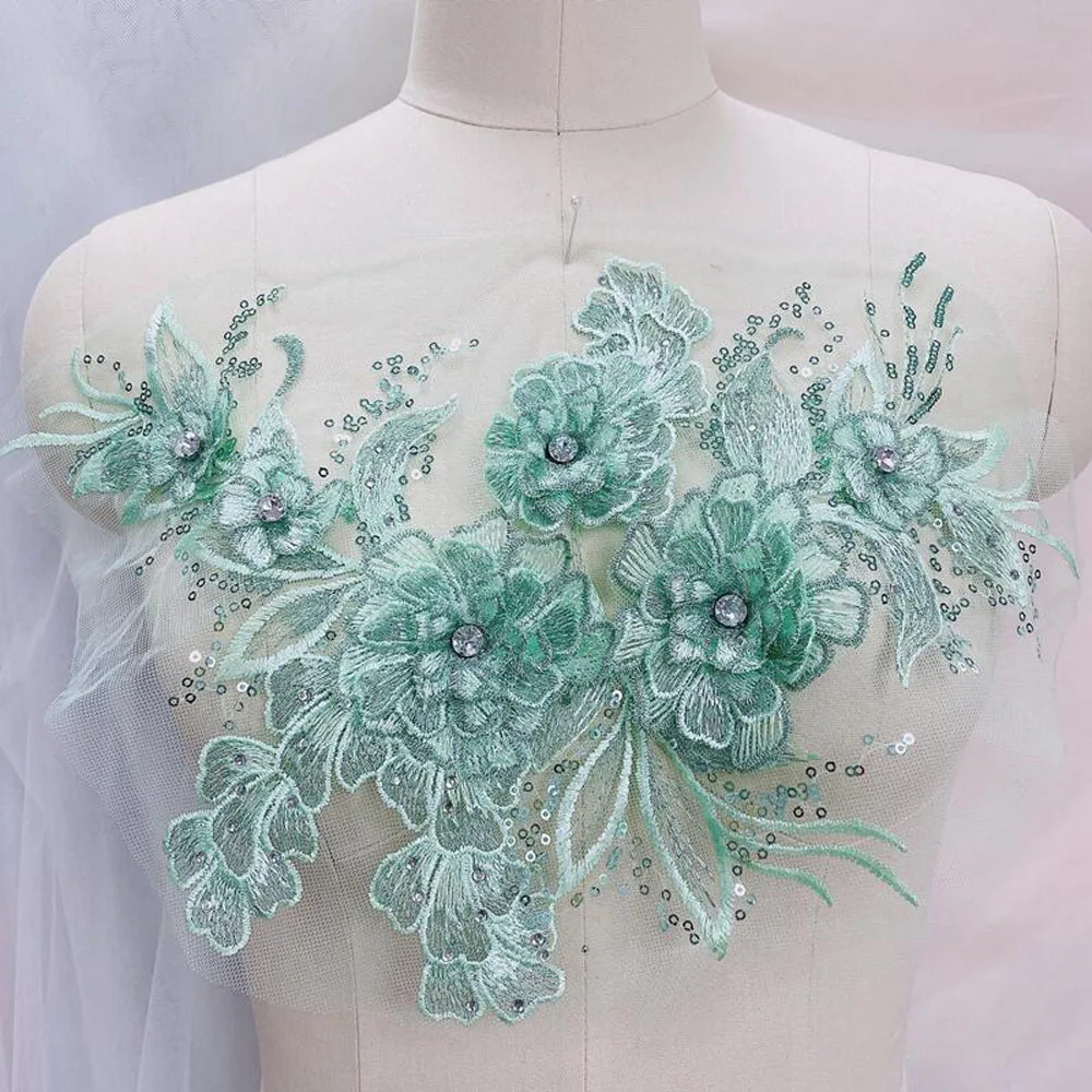 Green Lace Flower Embroidery Patches Sew on Clothes Dress Chiffon Appliques Repair Handwork Craft