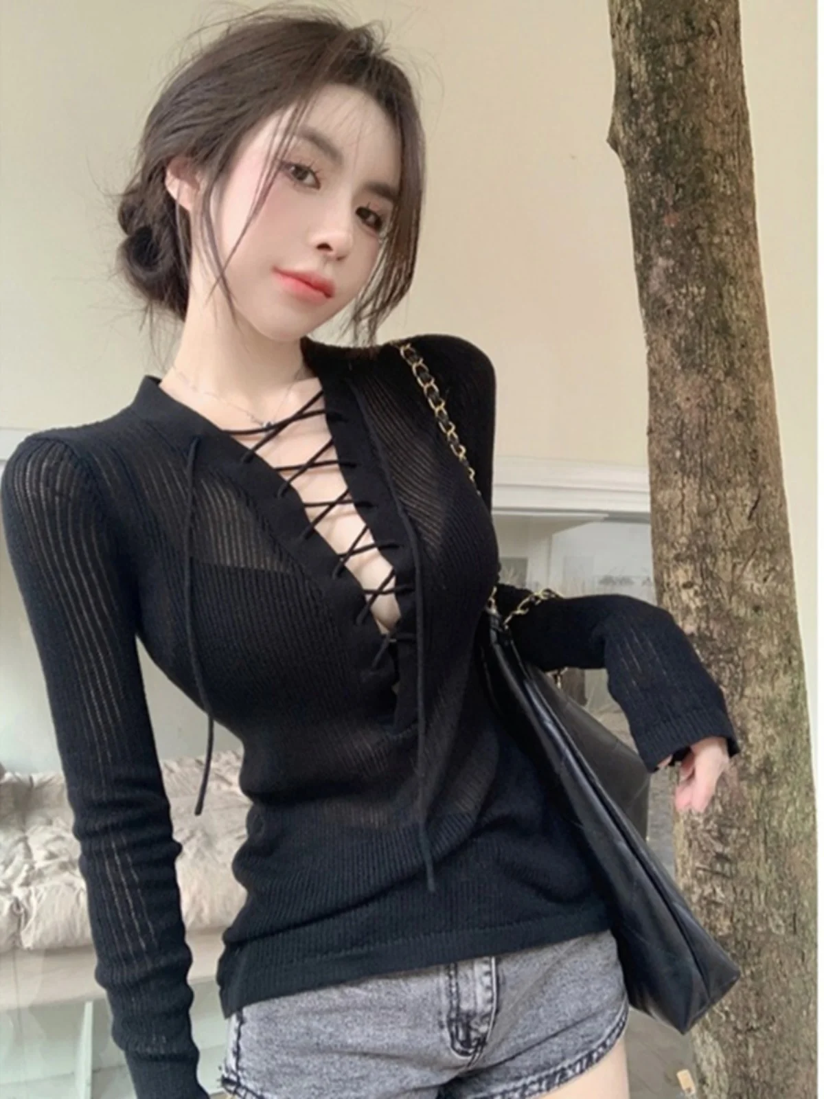 

American Style Sexy Hollow out Knitted Base Shirt Women's Spring Autumn Thin Slimming Sexy V Neck Belted Long Sleeve Sweater