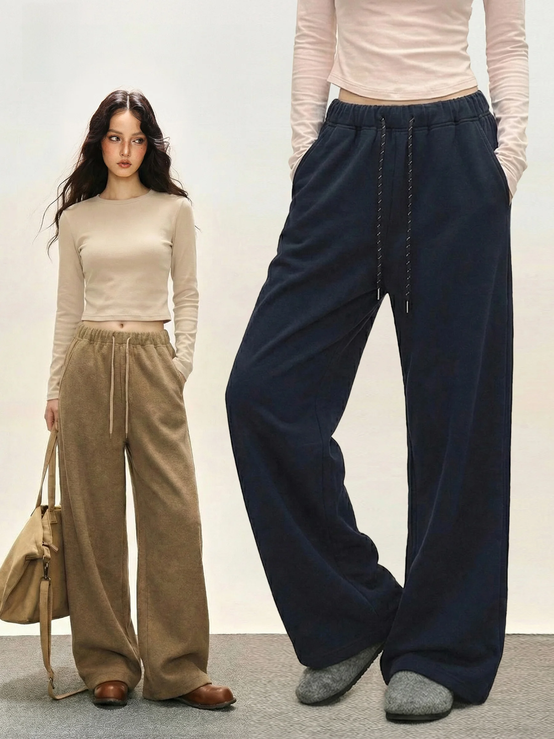 

Loose Fleece Women's Casual Pants Elastic Waist Drawstring Straight Leg Long Trousers Autumn Spring Comfortable Sweatpants