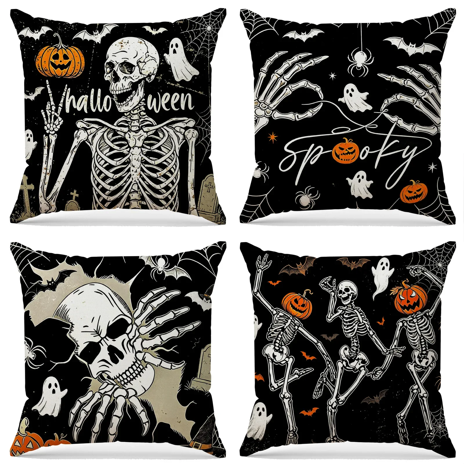 2PCS Halloween Skull Throw Pillowcase Cojines Home Decorated Pumpkin and Crow Print Pillow Cover Living Room Sofa Cushion Covers