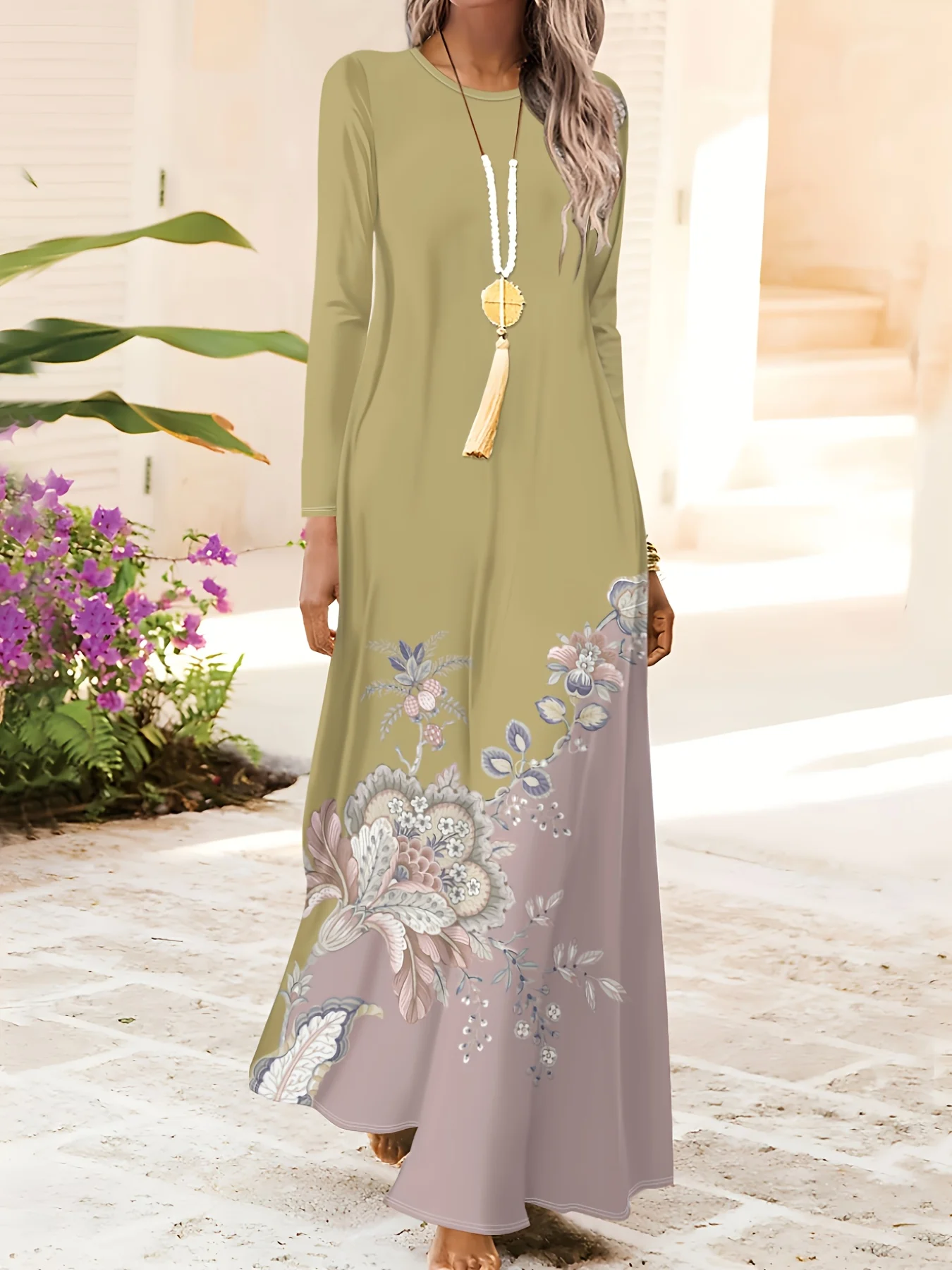 Blumiges Ombre-Print Langarm-Kleid mit Rundhalsausschnitt Urlaubsstil Sommer Damen Casual A-Linien-Kleid Leichtes Fließendes Maxikleid