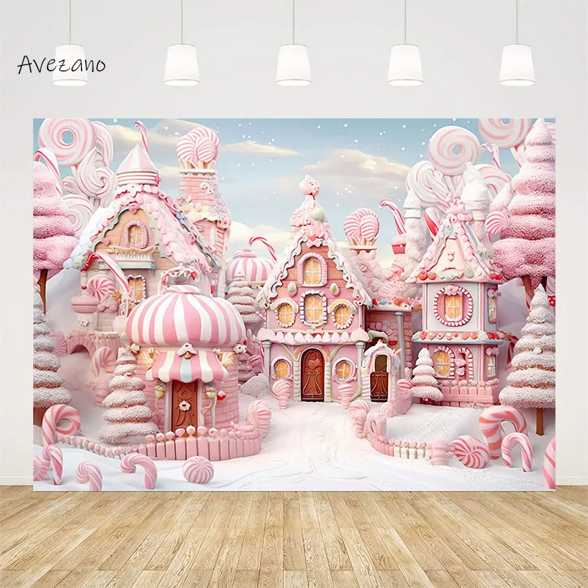 

Avezano Christmas Backdrop Fantasy Castle Pink Candy House Winter Snowy Festival Decoration Kids Portrait Photography Background