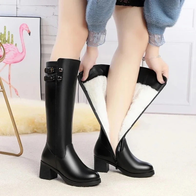 

2025 Women Winter Boots Genuine Leather Wool High Heel High Boots Women Large Size 41 42 43 Warm Snow Boots Women