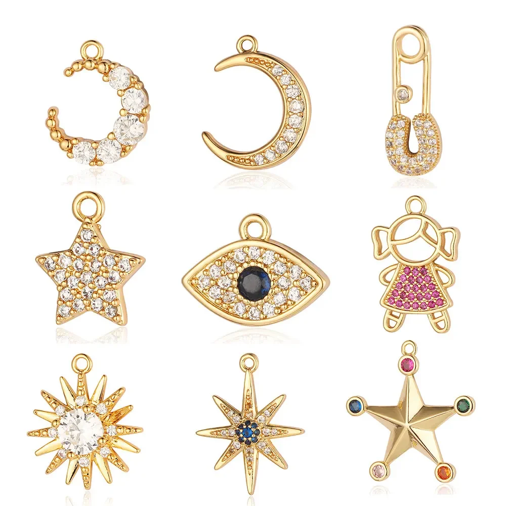 3pcs/Lot Crescent Moon Evil Eye Brass Rainbow Zircon Charm Star Sun Girl Pin DIY Jewelry Bracelet Earring Necklace Pendant