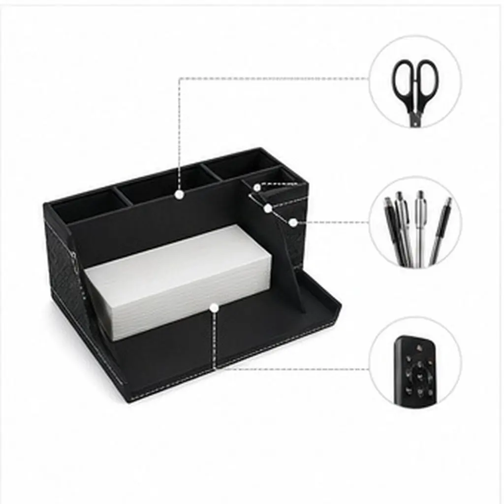 Multifunctional PU Tissue Box Desktop Organizer Braided Design Pencil Scissor Holder for Home Office Car