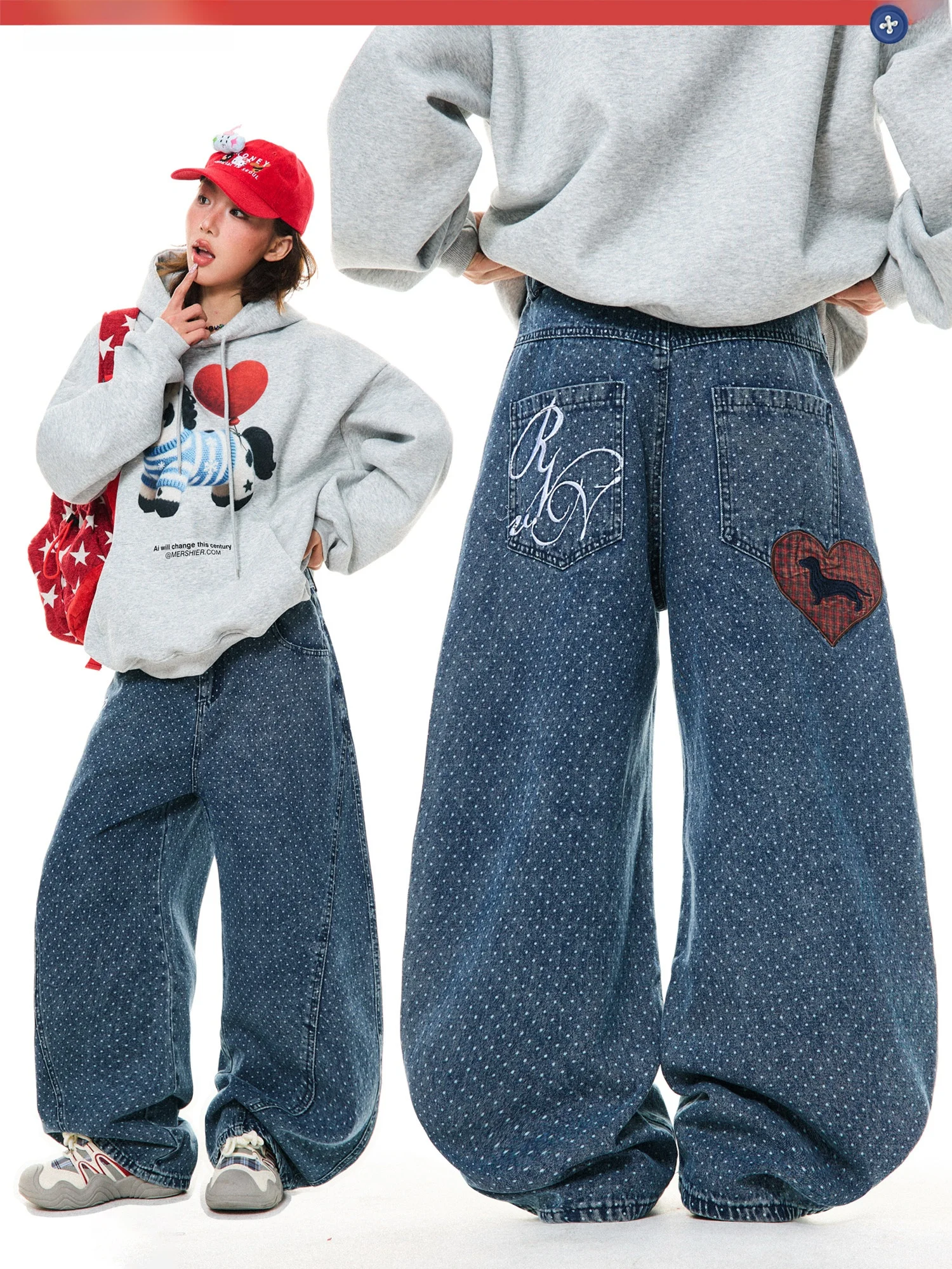 

American Sle Heart Dog Pattern Wide Leg Jeans Women Casual Versatile Loose Fit Denim Pants Blue Cotton Polyester Blend