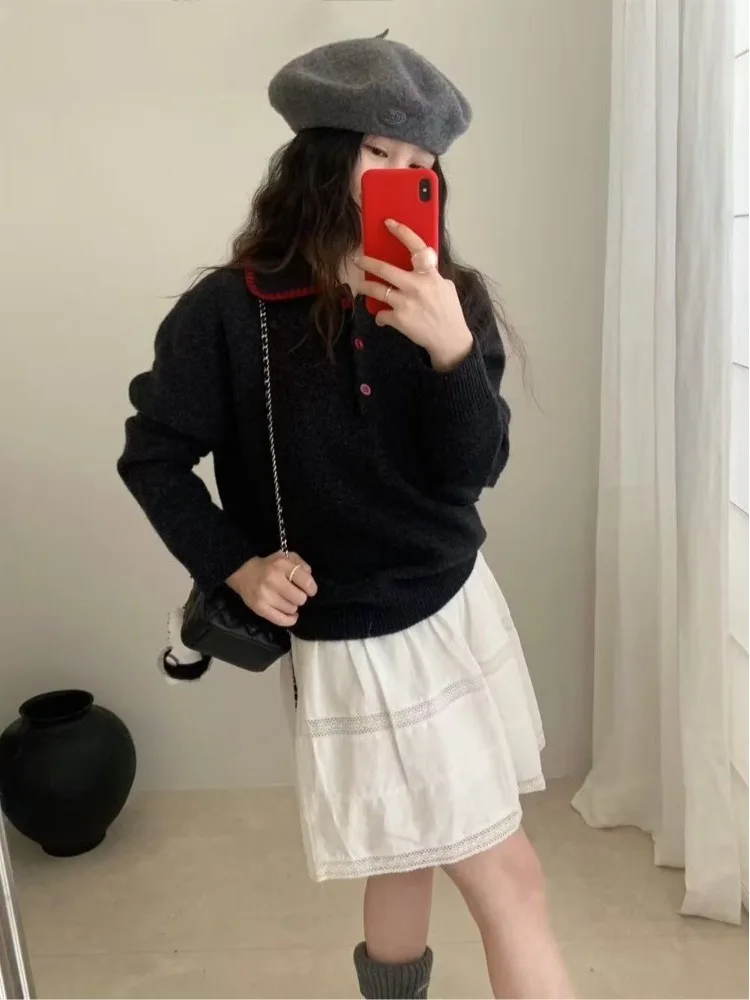 한국 초가을 패션 고급스러운 컬러 블록 인형 칼라 니트 스웨터 여성용 루즈핏 부드러운 신상 2025 슬레 롱 스웨터