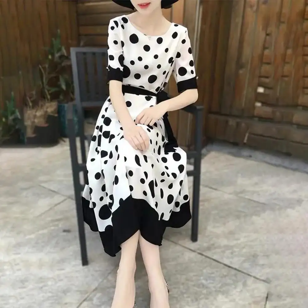 

Women Dress Dot Print Lace Up Waist Short Sleeves Round Neck Contrast Color Calf Length Summer Women 1950s Vintage Dress