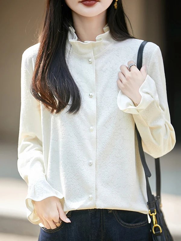 Knitted Loose Shirt Women's High Collar Embroidered Pearl Button Design Breathable Comfortable Long Sleeve Top