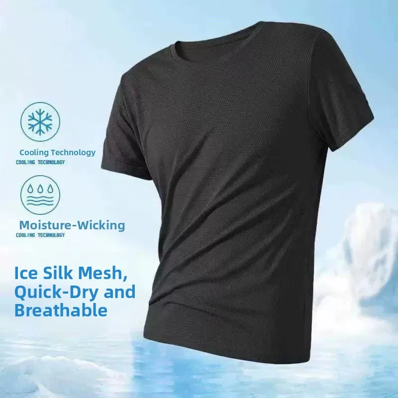 Ice Silk Mesh Short Sleeve T-Shirt Men's Summer Quick Dry Breathable Thin Workwear Casual round Neck Pullover Sweatshirt