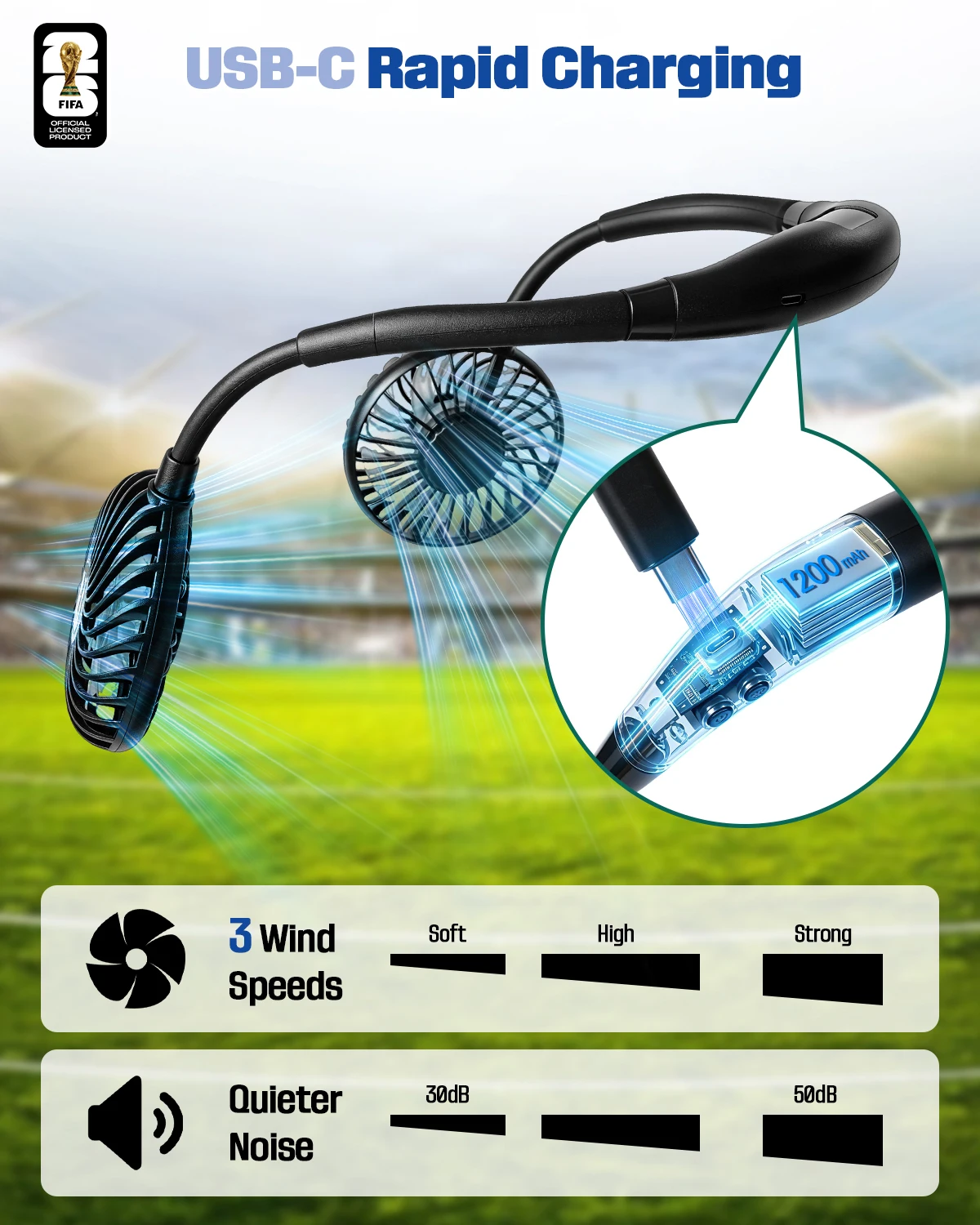 Hat Fan FIFA 2026 World Cup Official Licensed,USB-C Rechargeable 3-Speed Neck Fan,Waterproof UV Protection Hat for Match Day