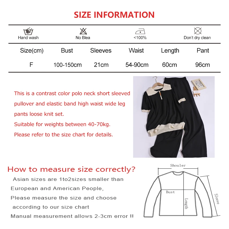 Women Contrast Color Vintage Polo Neck Zip Short Sleeved Top Elastic Band High Waist Wide Leg Pants Summer Casual Loose Knit Set