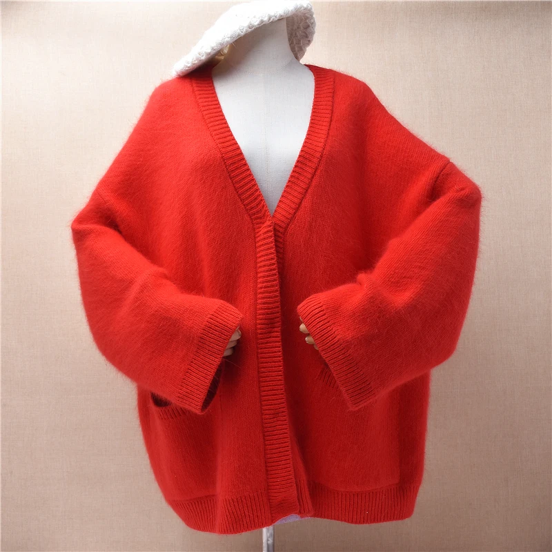 Heavy Thick Female Women Autumn Winter Red Hairy Angora Rabbit Hair Knitted Jersey Long Sleeves V-Neck Loose Cardigans Jacket