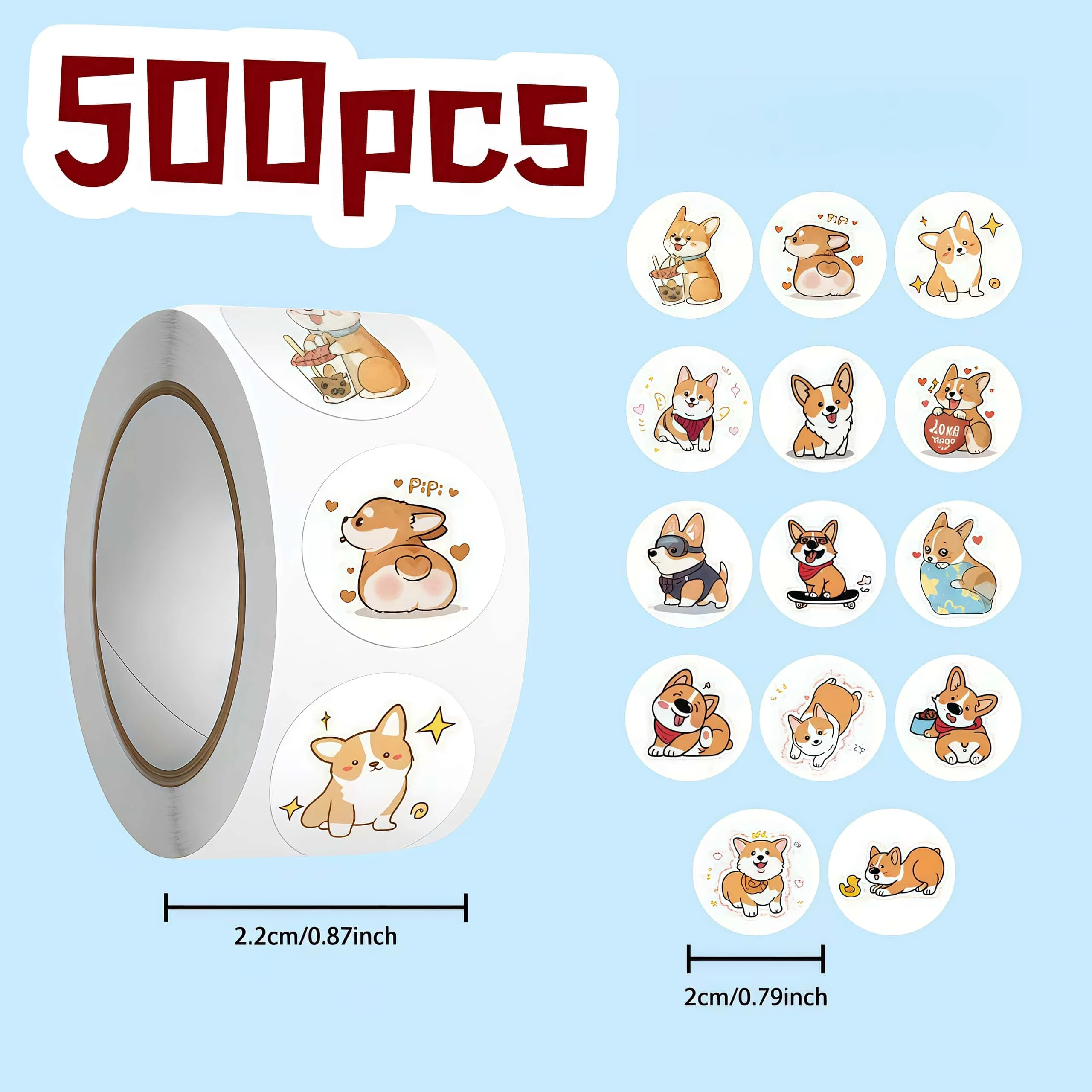 500Pcs Short-Legged Corgi Kawaii Sticker Roll, Cute Cartoon Dog Decals for DIY, Journal & Gift Embellishment
