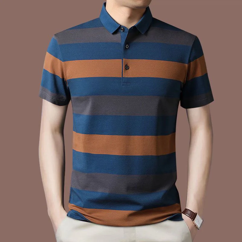 Fashion Men Summer New Striped Polo Shirts Short Sleeve Button Knit Lapel Pullover Business Casual Men\'s Loose Clothing Top 2022