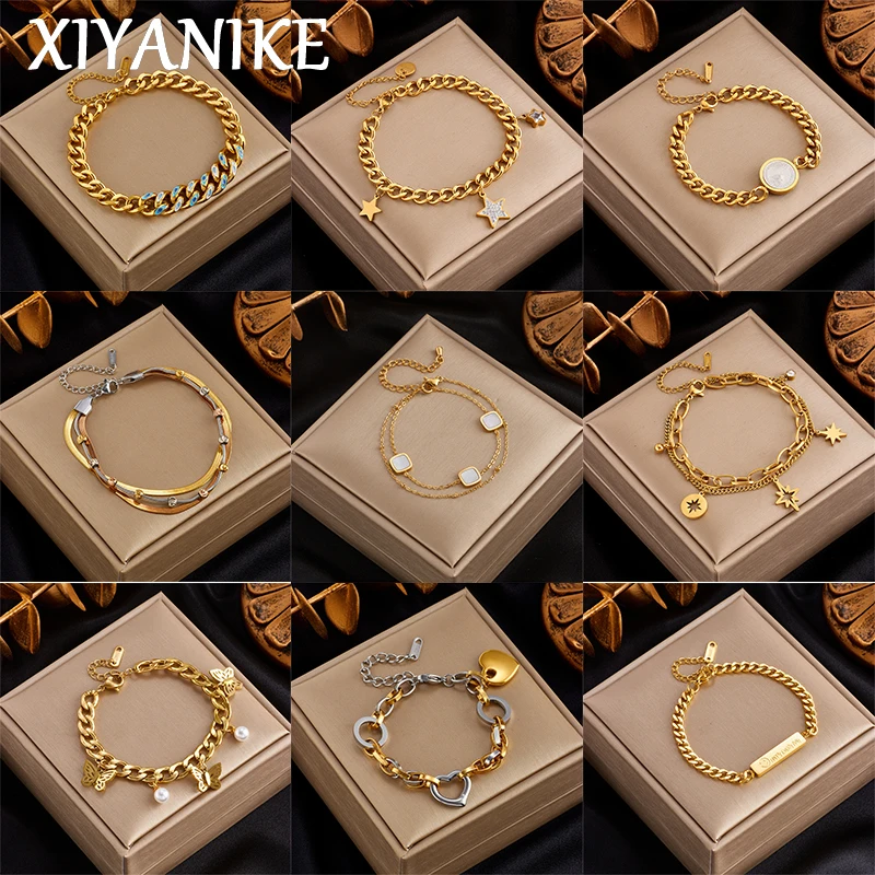 XIYANIKE 316L Stainless Steel Gold Color Butterfly Star Charm Bracelet For Women Men Fashion Wrist Chain Jewelry Gifts Pulseras