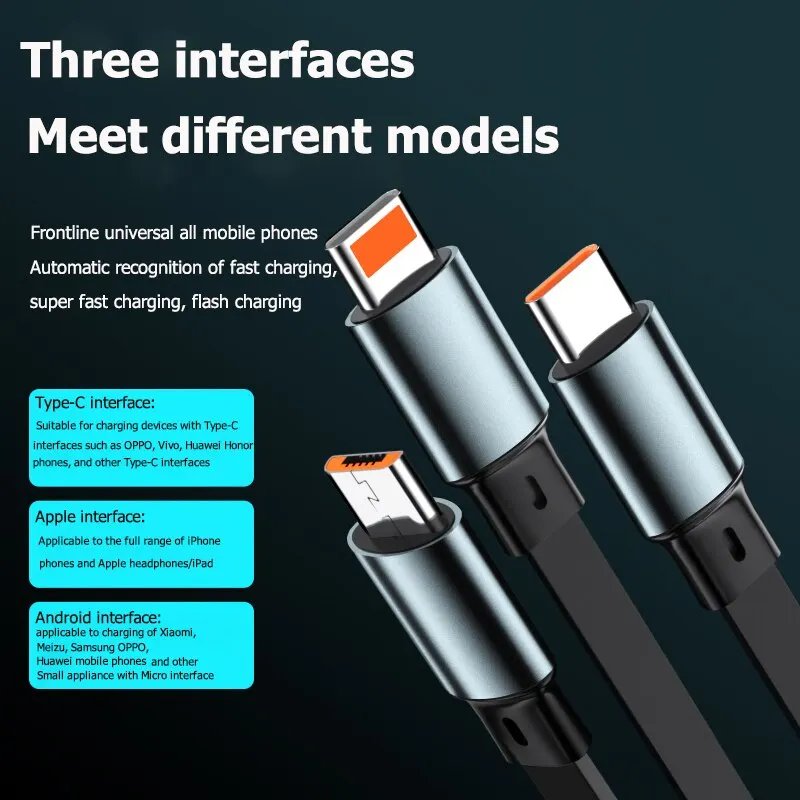 3 In 1 Retractable Usb 100W Cable Fast Charging And Data Micro Usb Type C For Iphone Android Phone Xiaomi Huawei OPPO