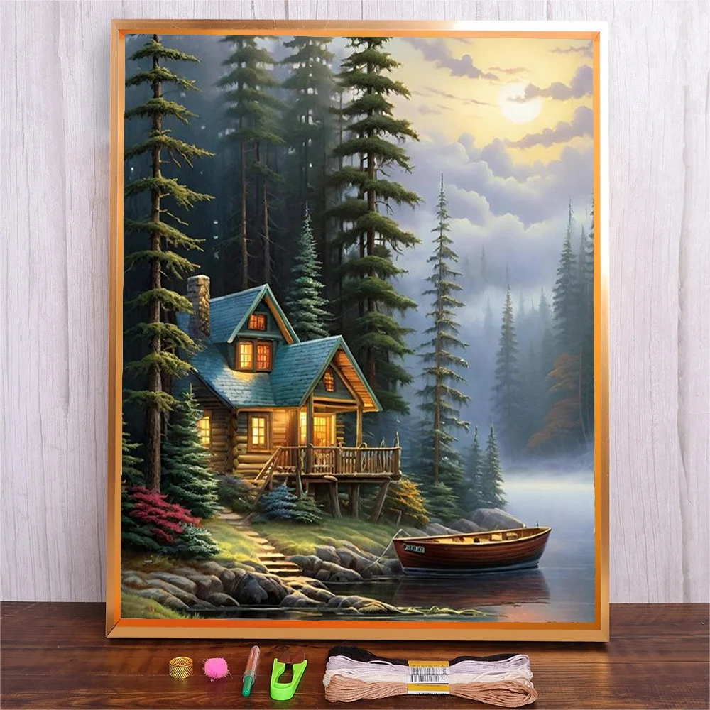 

Cross Stitch Embroidery Kit Mountain Forest House Landscape Cross-Stitch Full Printed Embroidery Sets Diy Handicraft Needlework