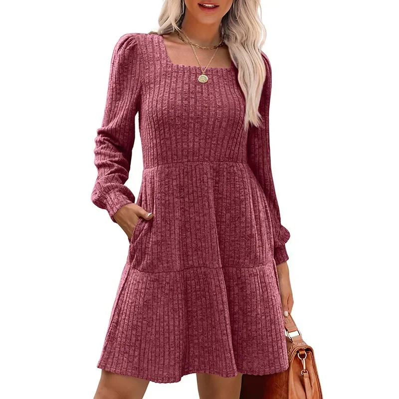 Pop 2025 Autumn Winter Women's Female Solid Color Dress Square Collar Long Sleeve Knitted Dress With Pocket Women's Pit Strip Dr