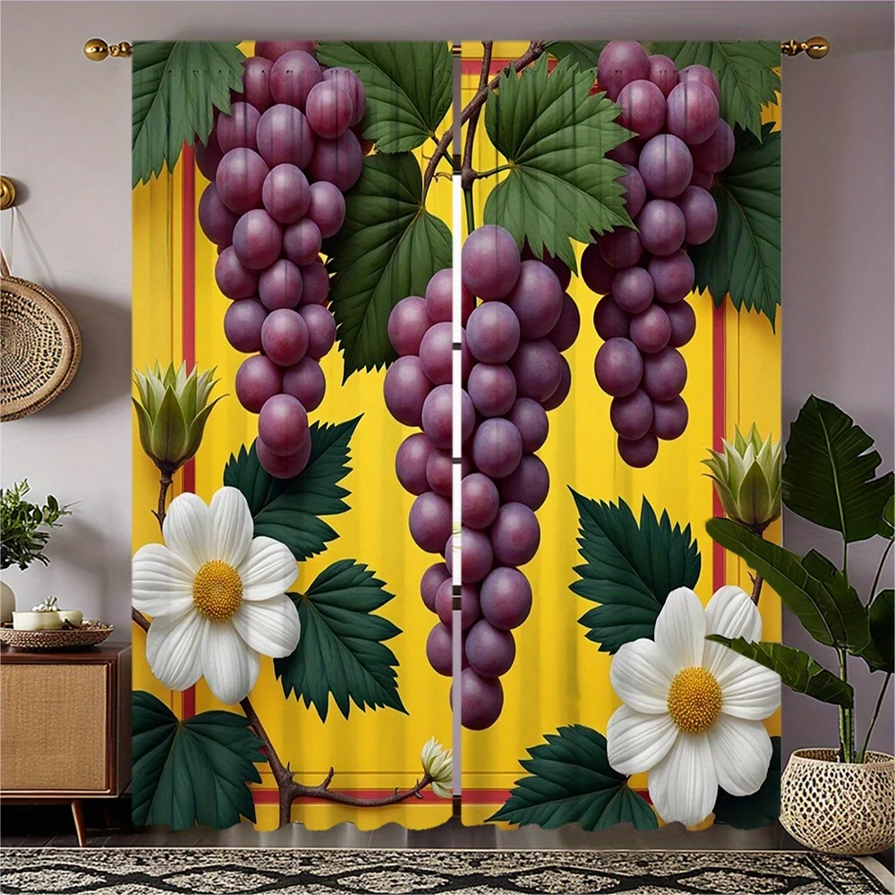 2pcs HD Digital Printed Curtain Set - Bouquet Series with Three Purple Grapes on Yellow Background, Green Leaves and Two White