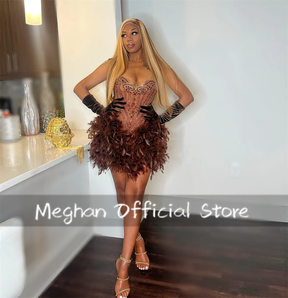 Chocolate Brown Beaded Crystal Short Prom Dresses Feathers 2024 Birthday Luxury Dress With Glove Mini Cocktail Dress Customized