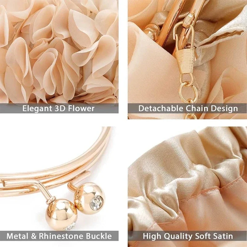 Sweet Memory Clutch Purses Satin Flower Evening Bag Female Elegant Party Prom Handbags Bridal Wedding Crossbody Shoulder Bag