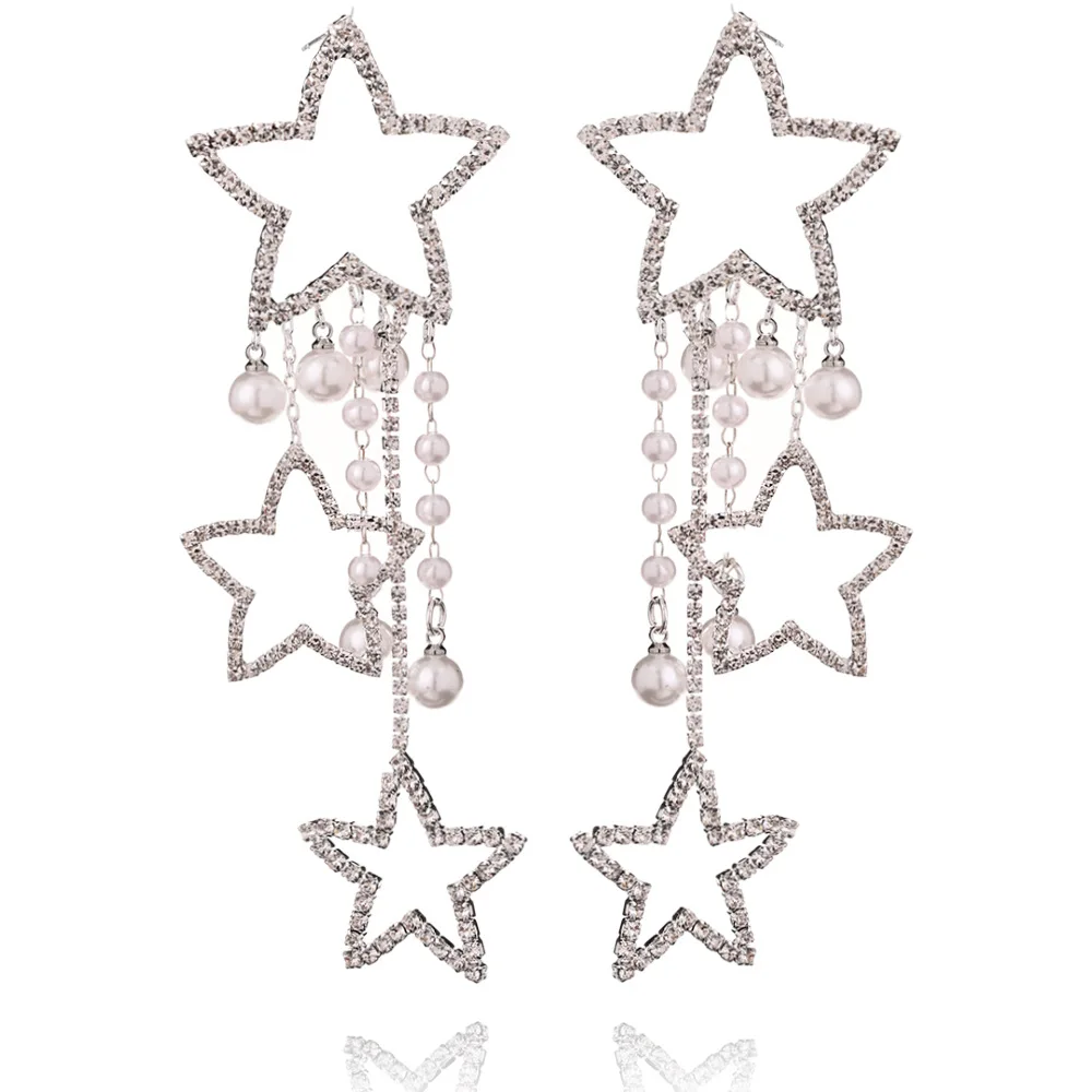 Серьги с полой звездой, преувеличенные, стильные, изысканные, блестящие серьги с кисточками со стразами, вечерние аксессуары для музыкального фестиваля, серьги
