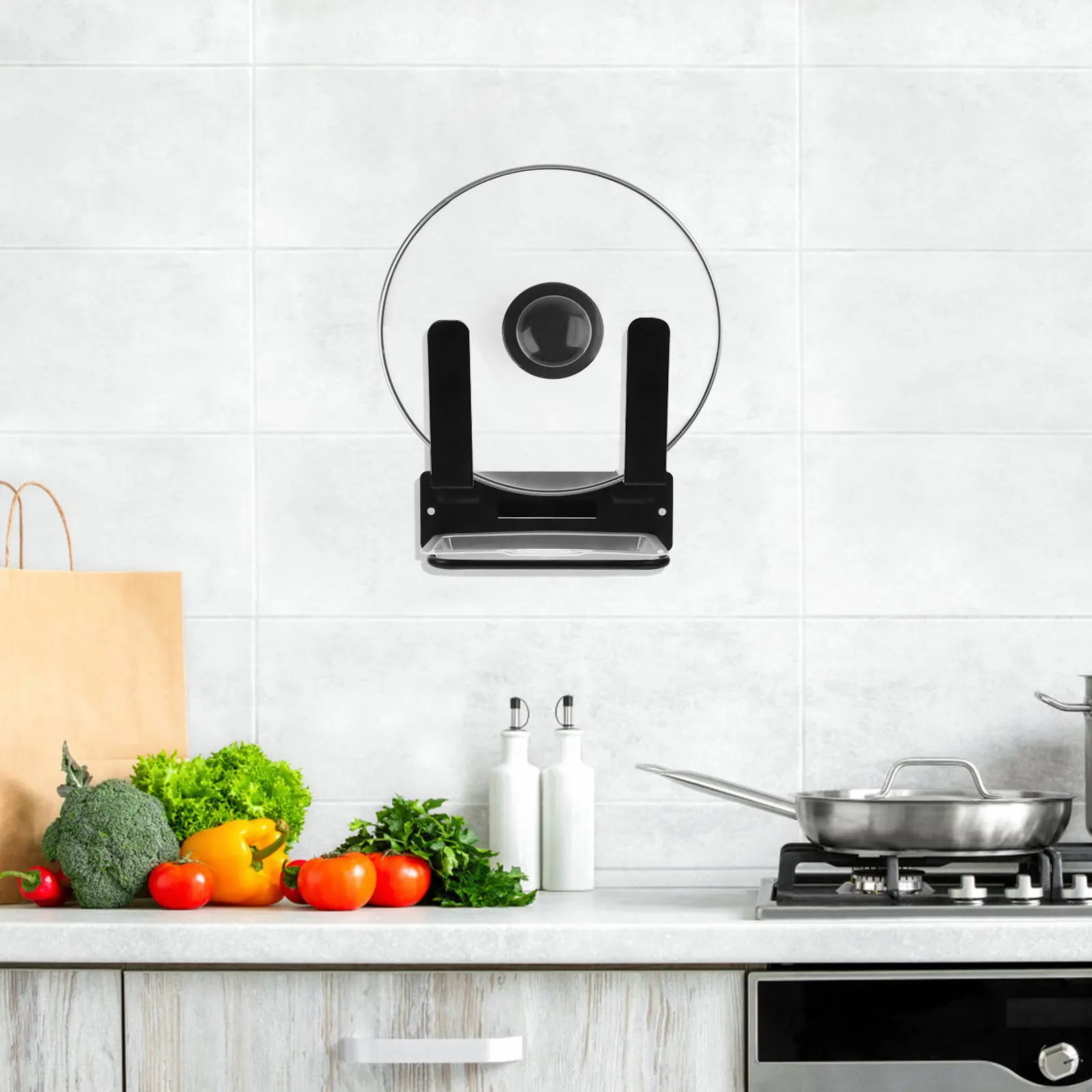 

1 set Wall Mount Pot Kitchen Organizer for Pans Covers Black Wall-Mounted Rack Moisture Resistant Strong for Pots