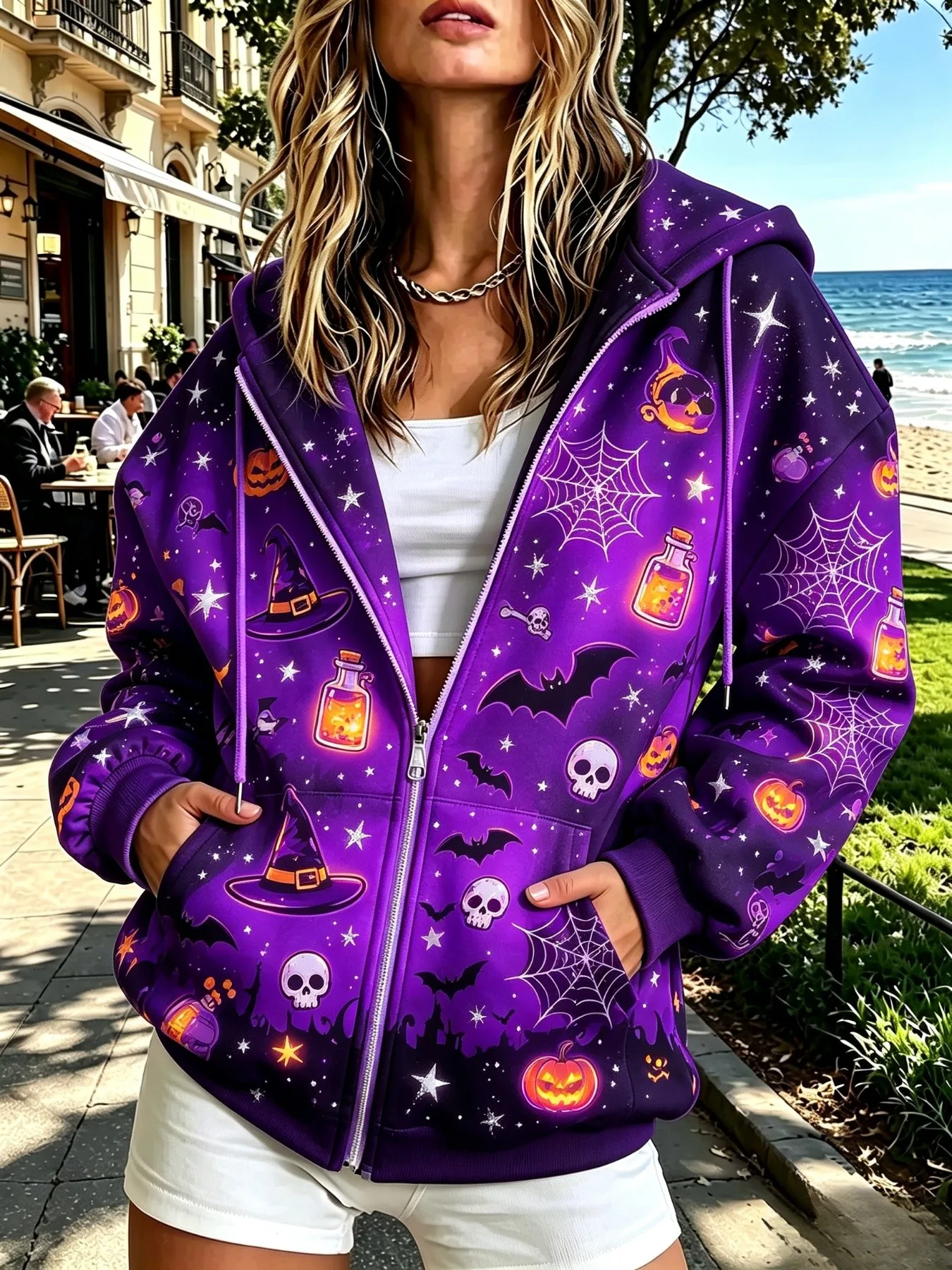 2026 Autumn/Winter Women's Zippered Hooded Sweatshirt for Halloween Festival Fashion Trend - Wacky 3D Pumpkin and Bat Pattern Pr