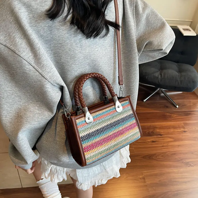 

JIAERDI ретро тканая сумка в радужную полоску женская Harajuku большая вместительная квадратная сумка на плечо женская повседневная сумка через плечо для поездок на работу