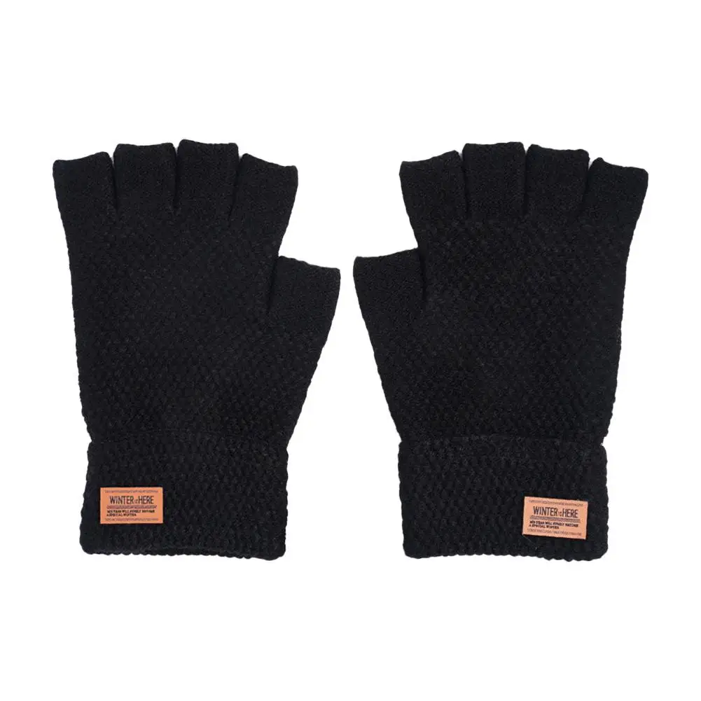 Guantes gruesos sin dedos para hombre, guantes de lana de Alpaca de punto, guantes de conducción de medio dedo, mitones de invierno con etiqueta de