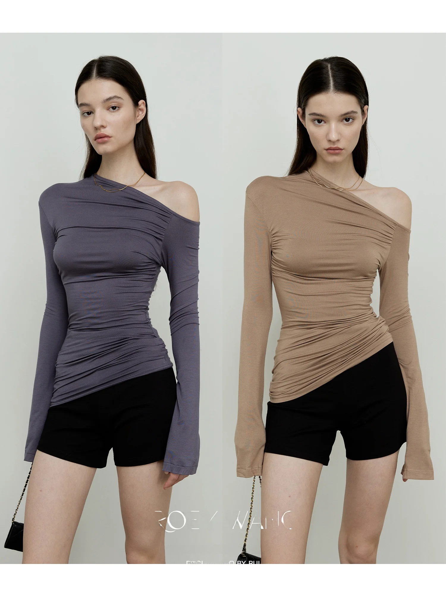 

ROEYWANG Женская длинная основа Sve irt Весна Осень Универсальный дизайн с нерегулярными плечами Два цвета для поездок на работу Корейская версия...