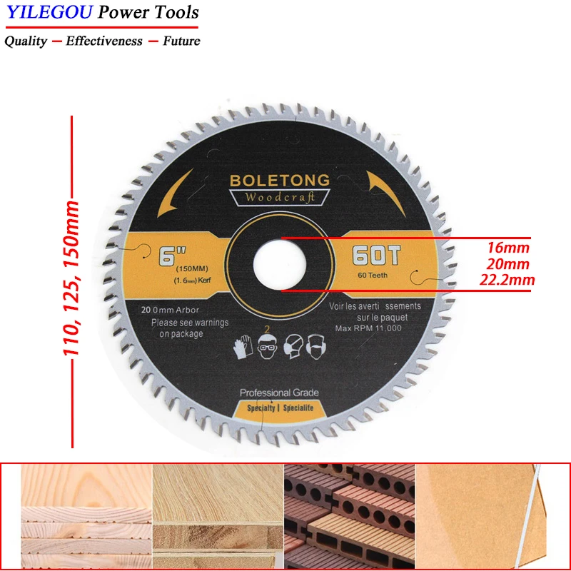 4' 5' 6' Carbide Circular Saw Blade For Dust-free Saw. 110mm, 125mm, 150mm X 60T Saw Blades Cutting Wood Aluminum. Arbor 20mm