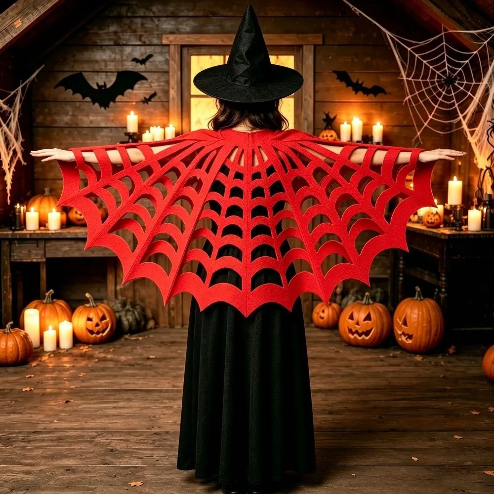 Solid Color Halloween Cape Hollow Out Felt Material Spiderweb Shawl Adult Size Mesh Texture Felt Mesh Cape Festival Wear