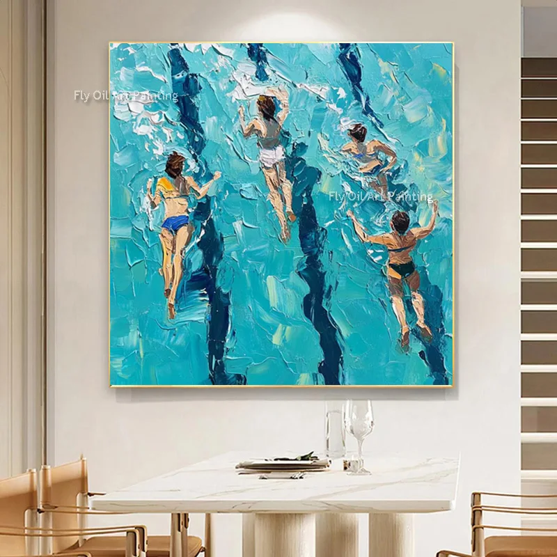 Handmade Modern People Swimming In The Pool Artwork Blue Water Canvas Art People Play In Pool Thick Oil Painting  For Decor
