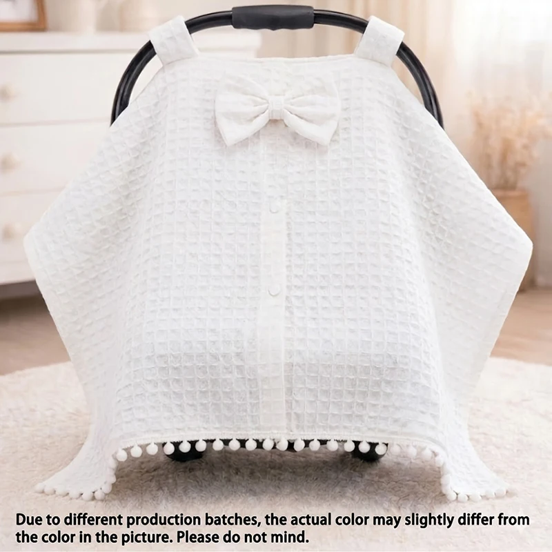 Waffle Baby Car Seat Canopy with Bow & Pom Pom Trim, Breathable Stroller Sun Cover