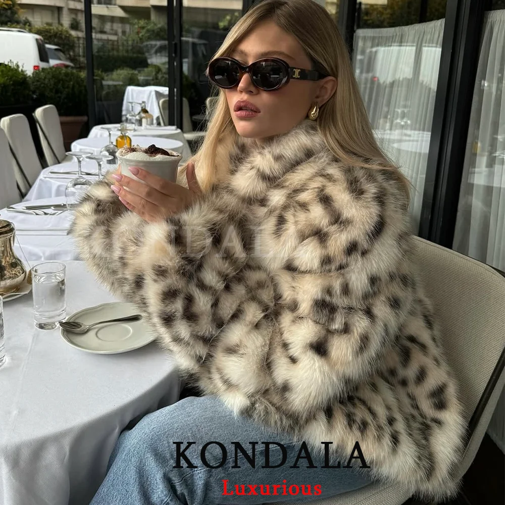 KONDALA Soft Leopard Faux Fur Coats Women Long Sleeve Oversized Coats Fashion 2025 Autumn Winter Thick Warm Streetwear Outwears