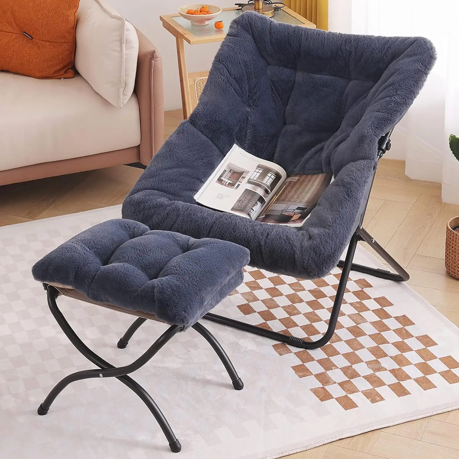 Umail Furniture Saucer Chair with Ottoman Soft Faux Fur Oversized Folding Accent Chair Lounge Lazy Chair Metal Frame