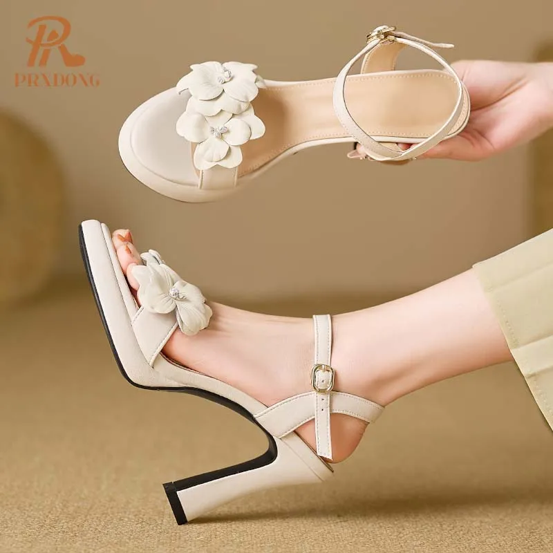 PRXDONG 2024 New Fashion Summer Women Sandals Sexy High Heels Platform Real Leather Silver Beige Dress Party Wedding Shoes 34-40