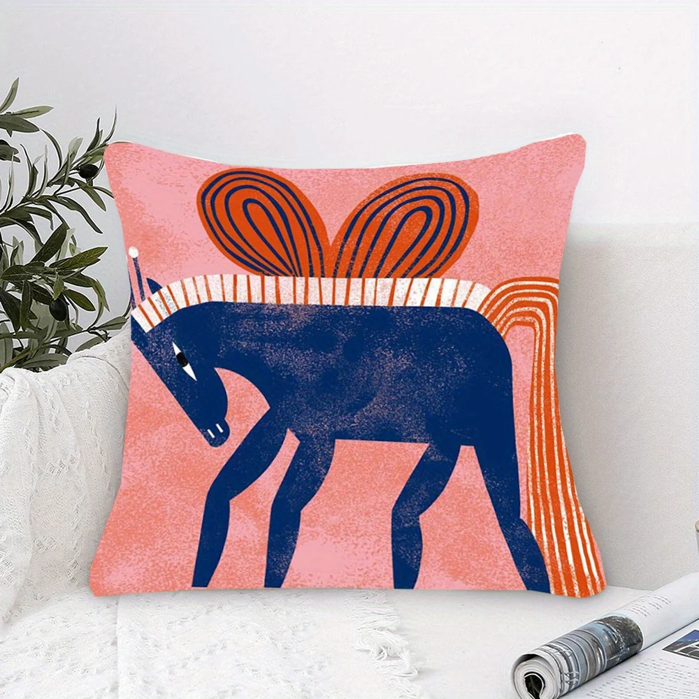1pc Bohemian Living Room Pillow Cover, Polyester 2D Double-Sided Print Cushion Case, Abstract Folk Horse Art Throw Pillowcase fo