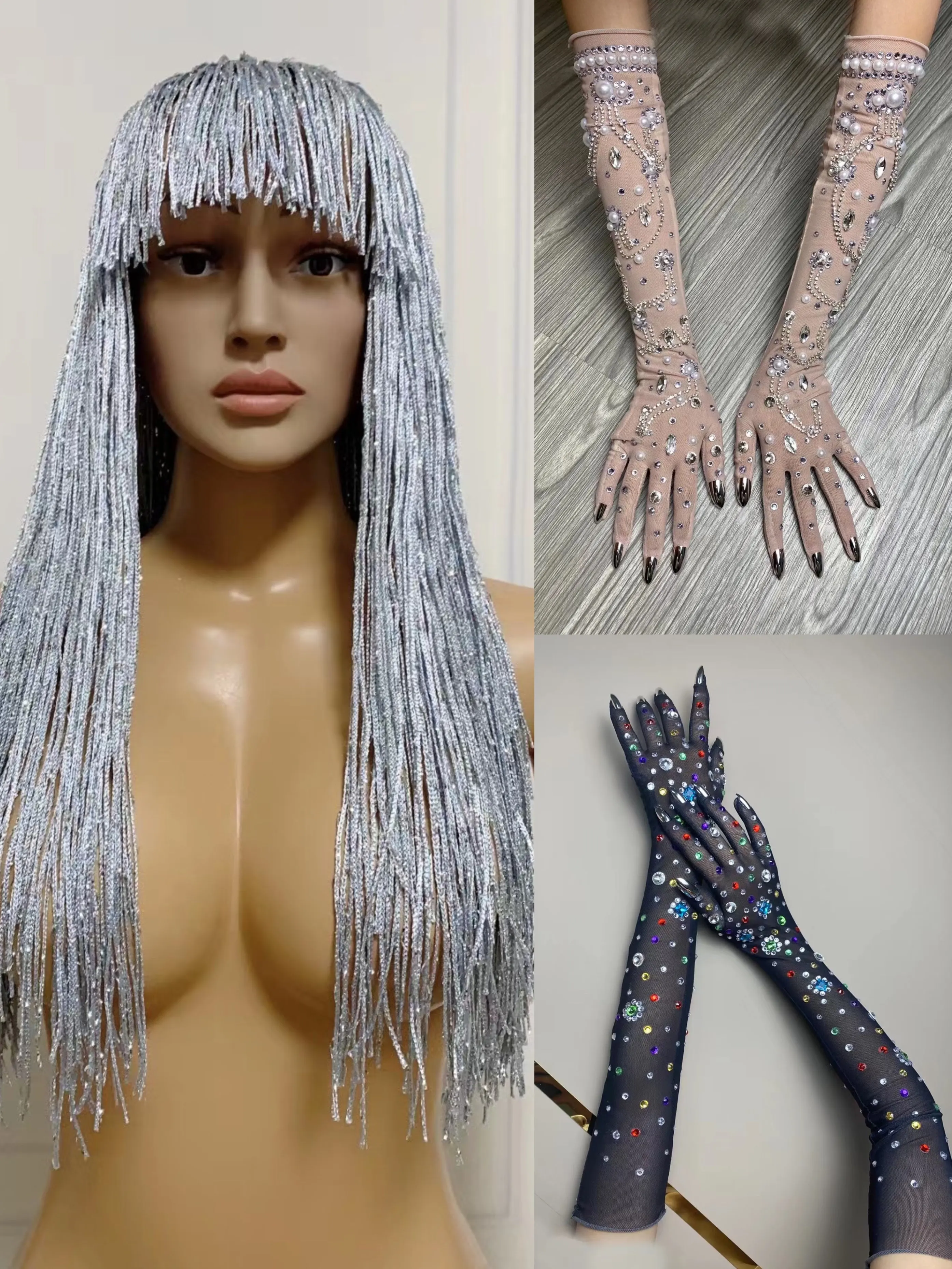 New Sexy Silver Sequin Tassel Wigs Glove Set Women Birthday Party Fringes Headwear COS Long Wig Dance Performance Accessories