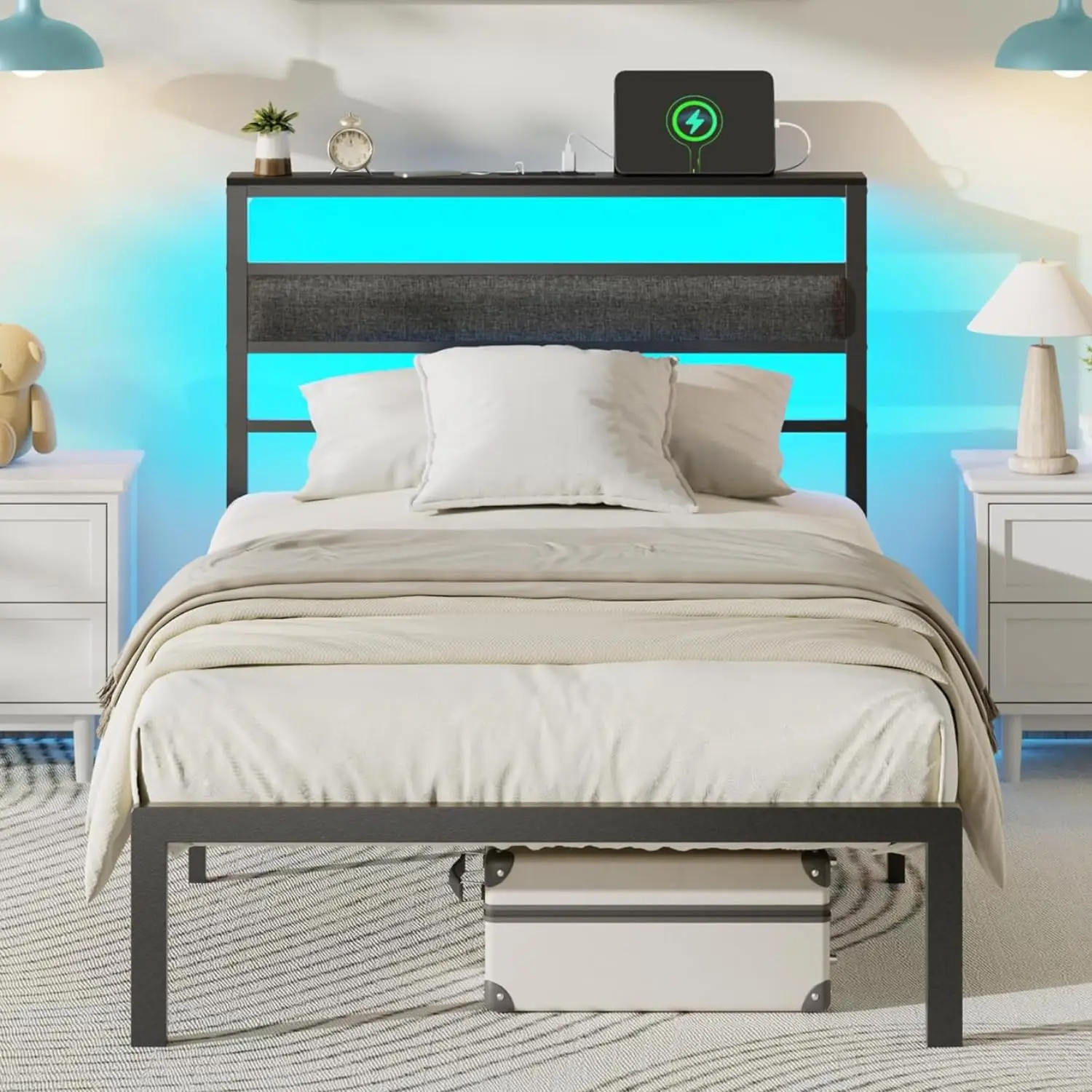 Twin Bed Frames for Kids, Metal Platform Bed Frame Twin Size with Charging Station and LED Lights, Upholstered, Custom
