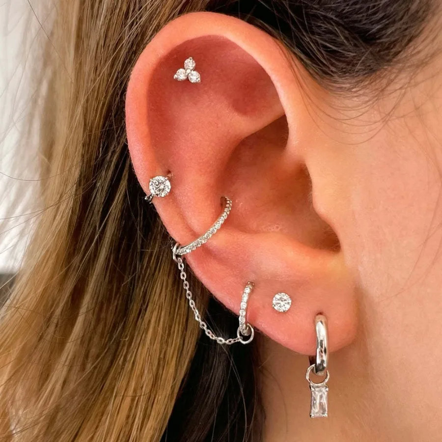 1set in Europe and America Women Wearing Shrill Bone Studs Zircon Tassel Chain Ear Studs Fashionable Earrings and Chains