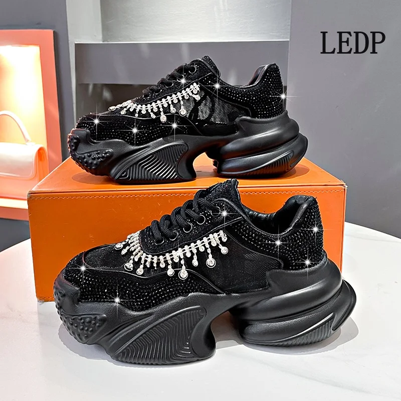 

LEDP Brand Diamond Pendant Fashion Daddy Shoes Women 2024 Autumn New Trend Casual Breathable Platform Sports Shoes