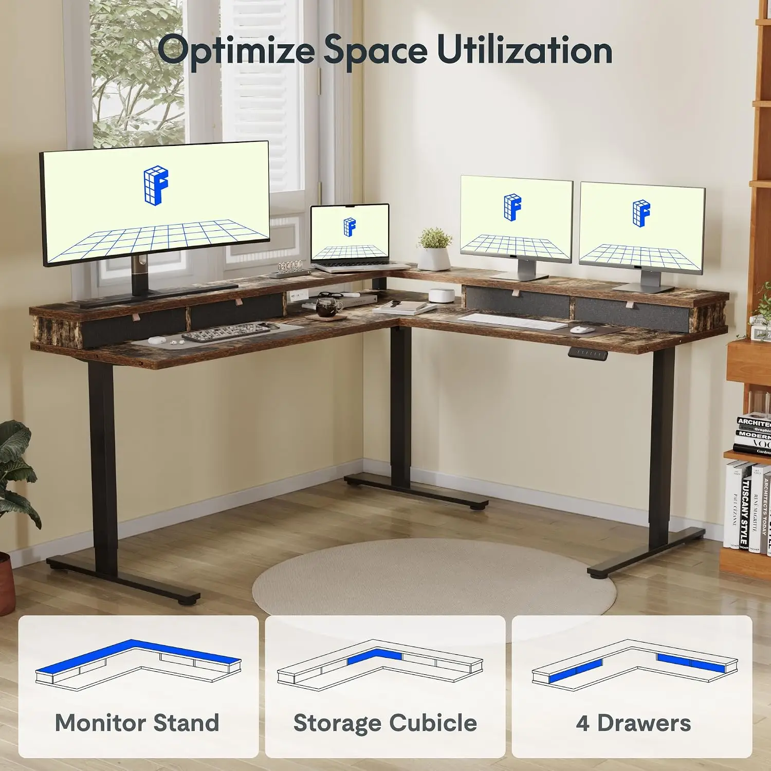 Reversible L-Shaped Standing Desk with Monitor Shelf, Home Office Workstation, 55 Inch, Customized