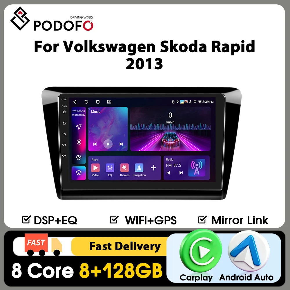 Autoradio Podofo Carplay pour Volkswagen Skoda Rapid 2013, Radio Intelligente Android Auto, Navigation GPS, Commande vocale IA, WIFI 4G, FM RDS, Mirrorlink, Écran Partagé