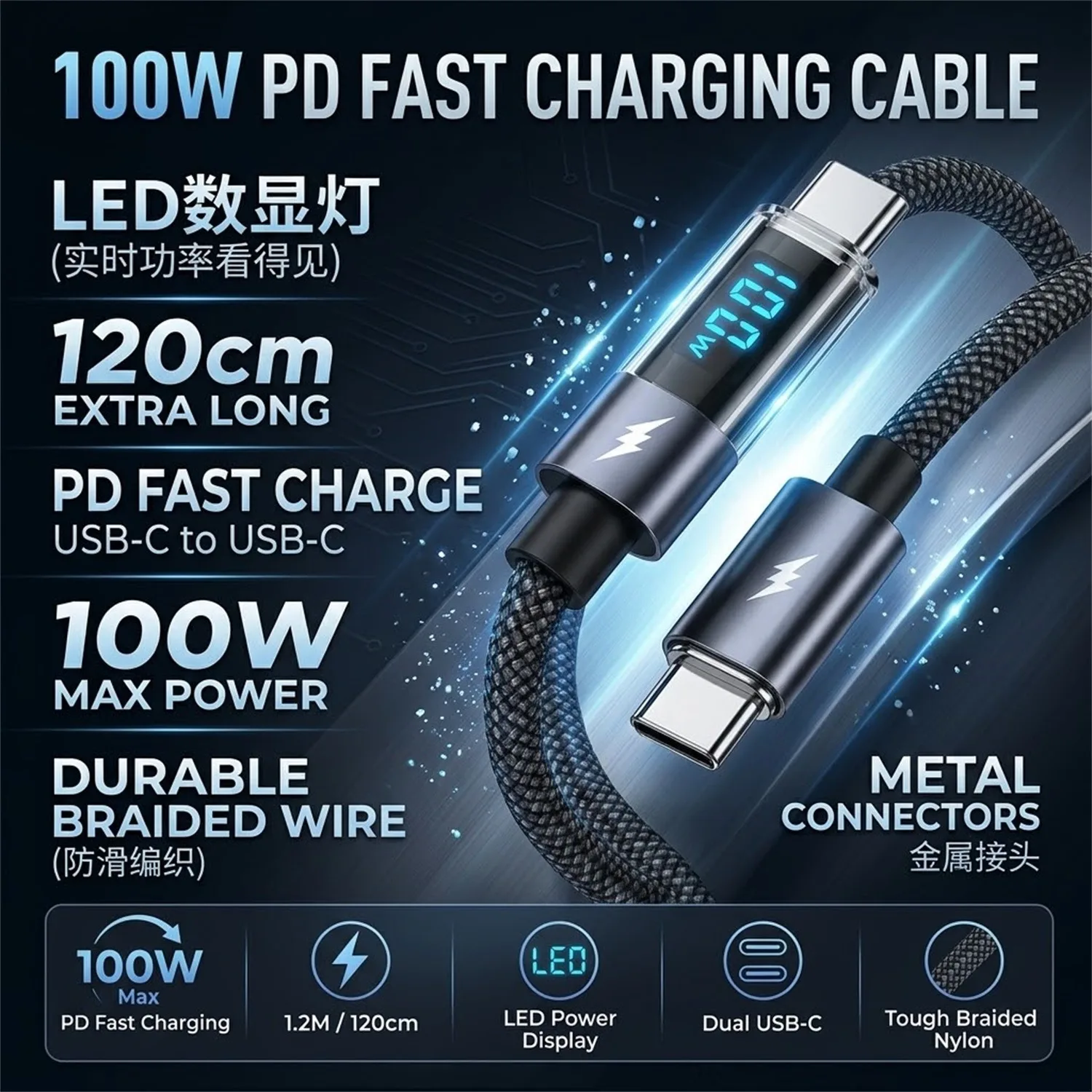 PD100W Braided Cable Fast Charging Cable PD Digital Display USB C TO Type C Cable For IPhone Xiaomi Samsung PD Charging Cable