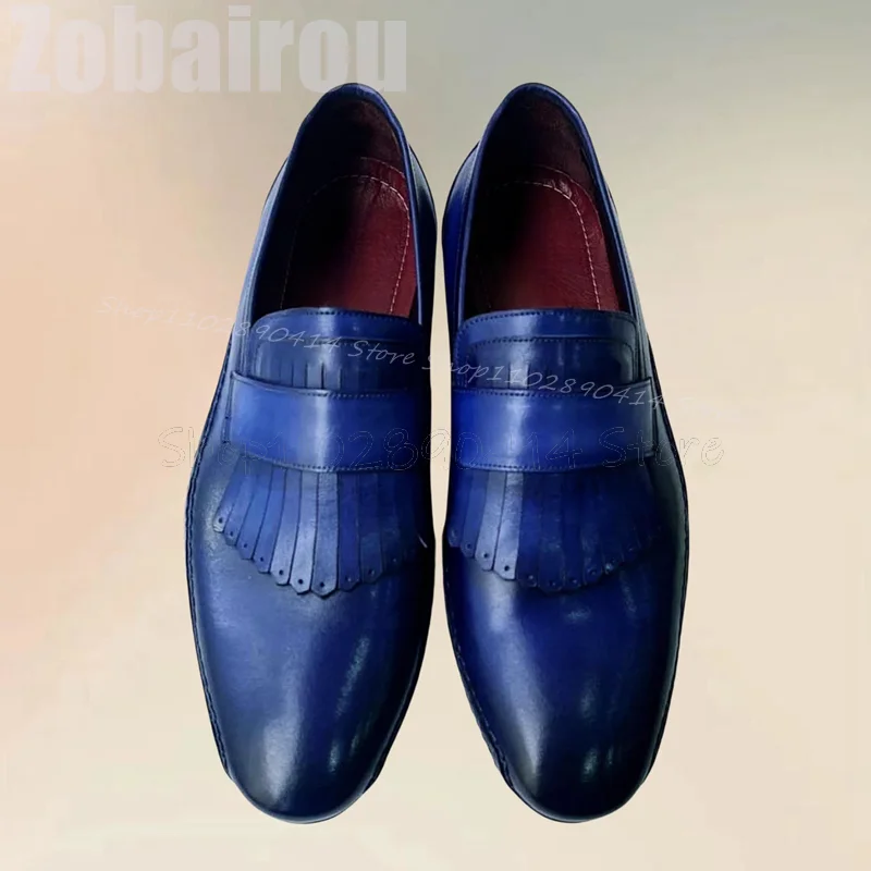 Sepatu pantofel pria desain jahit rumbai biru Fashion Slip On sepatu pria pesta pesta Pesta Jamuan makan kantor sepatu pria